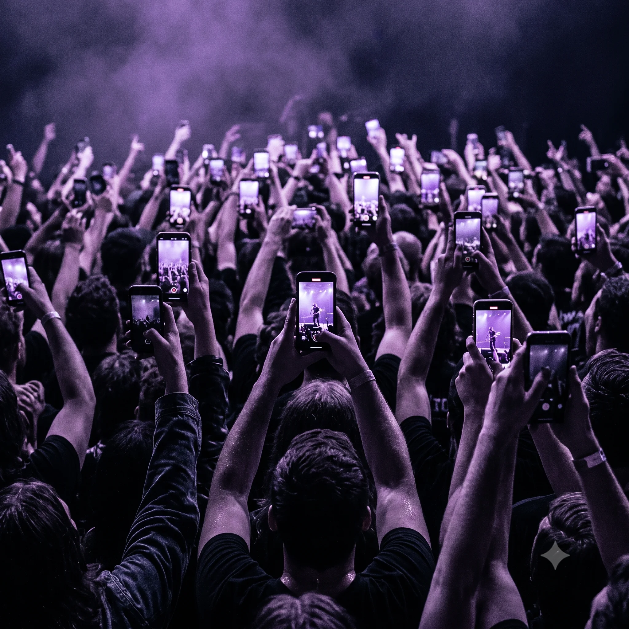 Vista desde atrás en un concierto con multitud de teléfonos móviles bloqueando el escenario, viéndose la actuación a través de la pantalla de uno de ellos